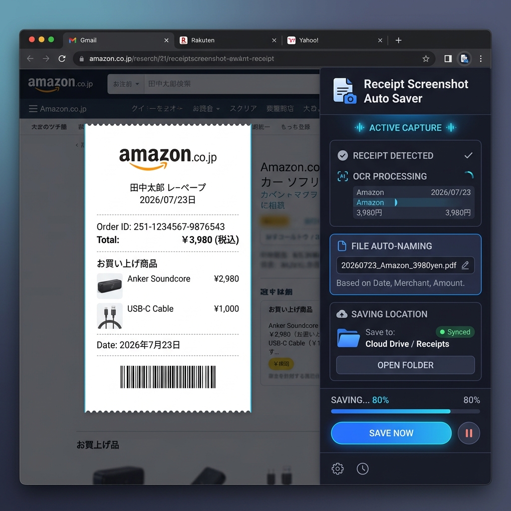 【確定申告・経費精算が超楽に】Web領収書や購入完了画面をワンクリックで高画質保存＆自動整理！「領収書スクリーンショット自動保存」
