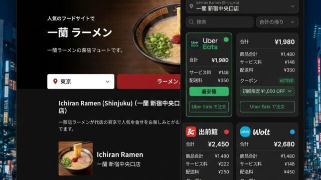【出前革命】送料・手数料・クーポンを自動計算！Uber Eats、出前館、Woltの中で「今一番安いデリバリー」を1秒で判定する神ツール「出前最安比較」