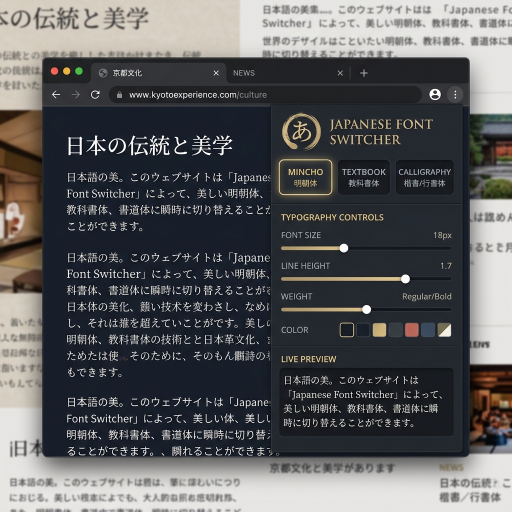 【いつものWebサイトが極上デザインに】明朝体・教科書体・毛筆風フォントへワンタップ着せ替え！「和風フォント着せ替え」