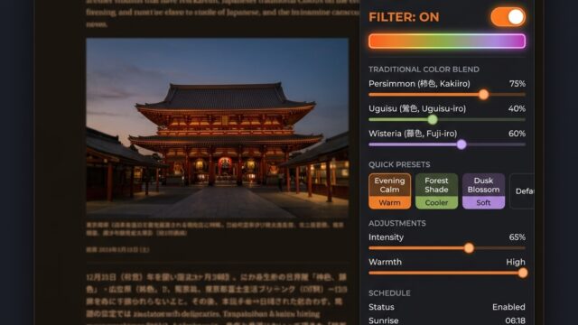 【目に優しく上品な画面に】日本の伝統色（柿色・鶯色・薄藤）で画面の眩しさを和らげる「和の色ブルーライトカット」
