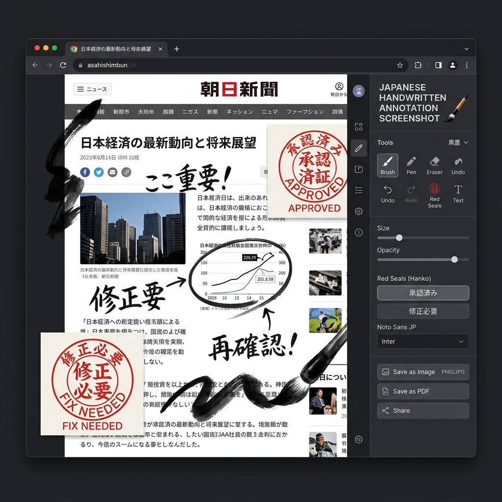 【Web画面に味のある手書きフィードバックを】墨汁のかすれ・朱肉スタンプで指示が伝わる！「和風手書き注釈スクリーンショット」