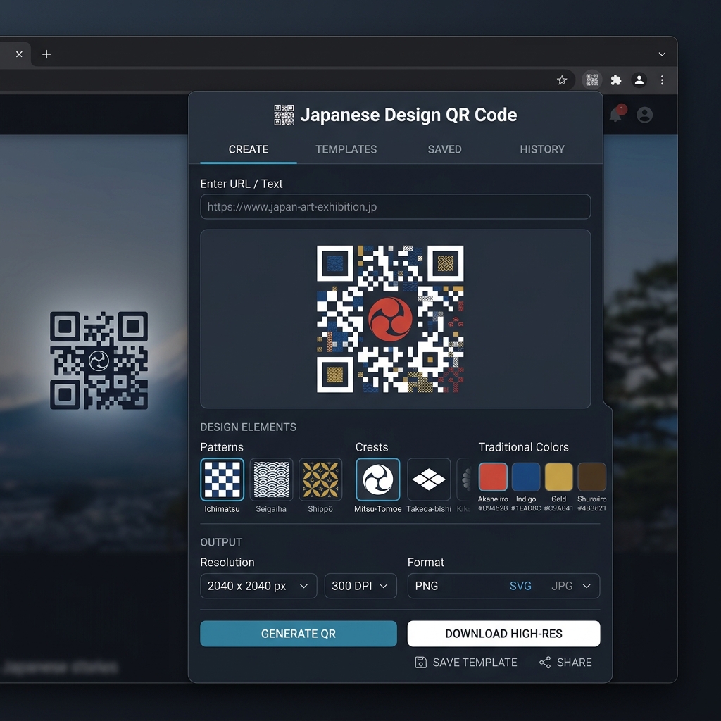 【名刺やチラシが一瞬で上質な和風デザインに】WebページのURLを家紋や和柄模様のお洒落なQRコードに即座変換！「和風デザインQRコード」